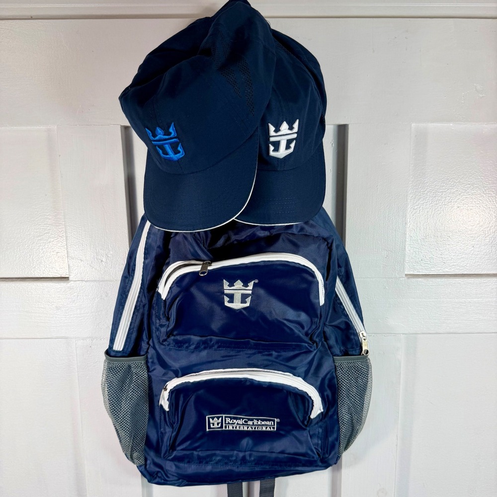 Royal Caribbean International Navy Blue Backpack and 2 Performance Hats 3pc Set
